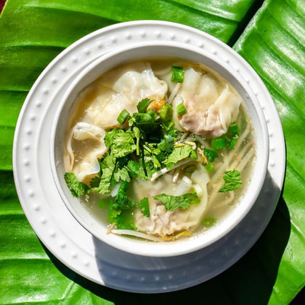 Wonton soup with clear broth, garnished with fresh cilantro and green onions, served in a white bowl.