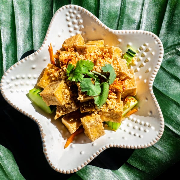 Thailicious fried tofu appetizer with crushed peanuts, cilantro, cucumber, and carrots on a star-shaped plate.